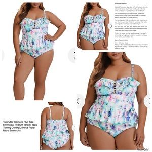 Tutorutor XXL plus size peplum Tankini blue tie dye swimsuit NWOT